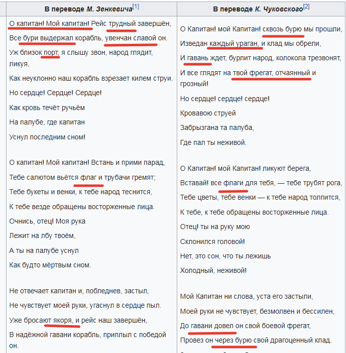 Переводы стихотворения Уитмэна "Капитан" от 1865 года, с сайта Википедия