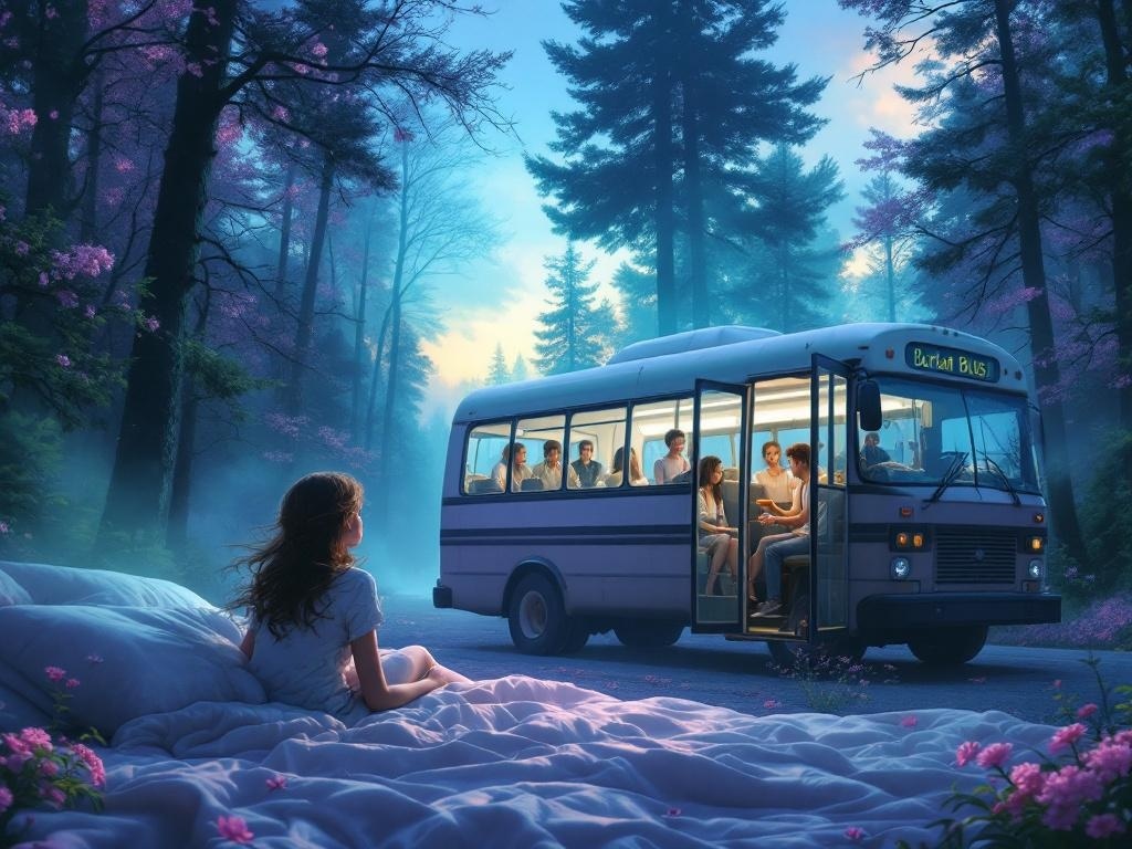    К чему такое снится: На картине изображен автобус с открытой дверью в лесу. Внутри автобуса сидят подростки и три знаменитости. Одна из знаменитостей предлагает вафлю девушке, отвернувше