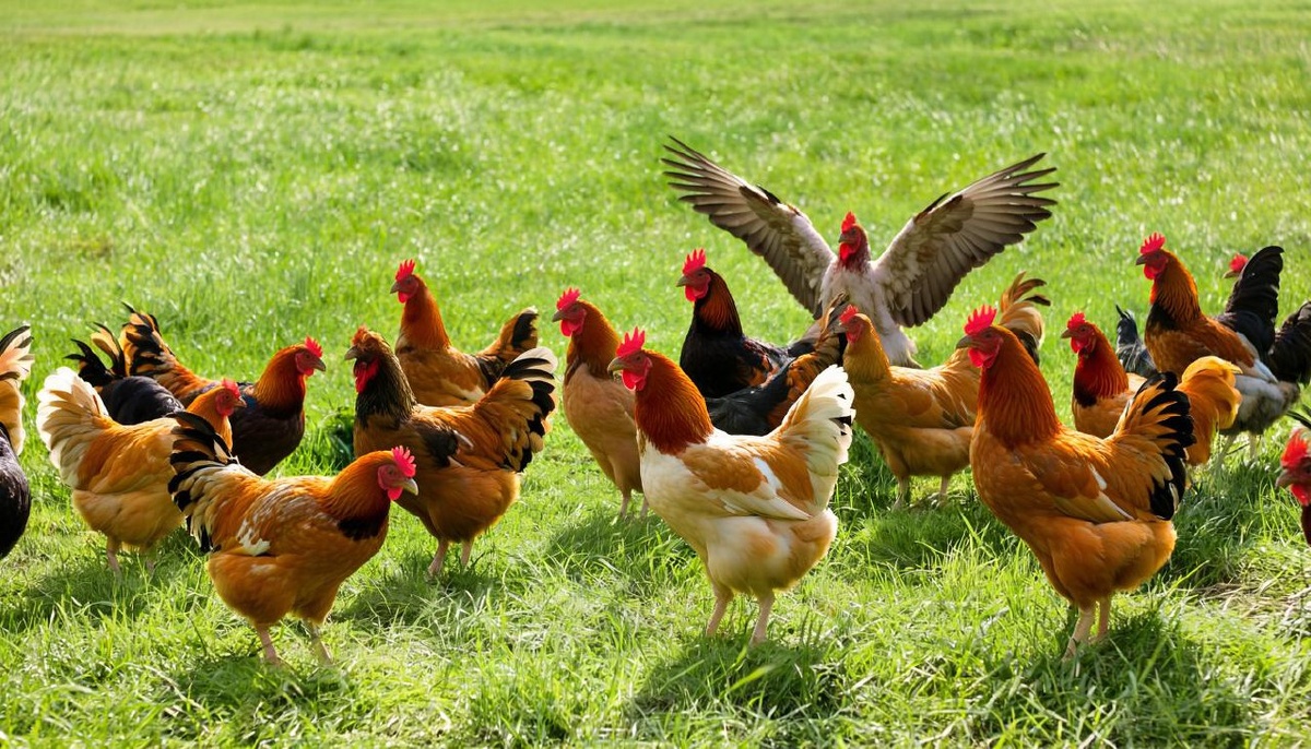 Домашние куры на свободном выгуле с зеленью