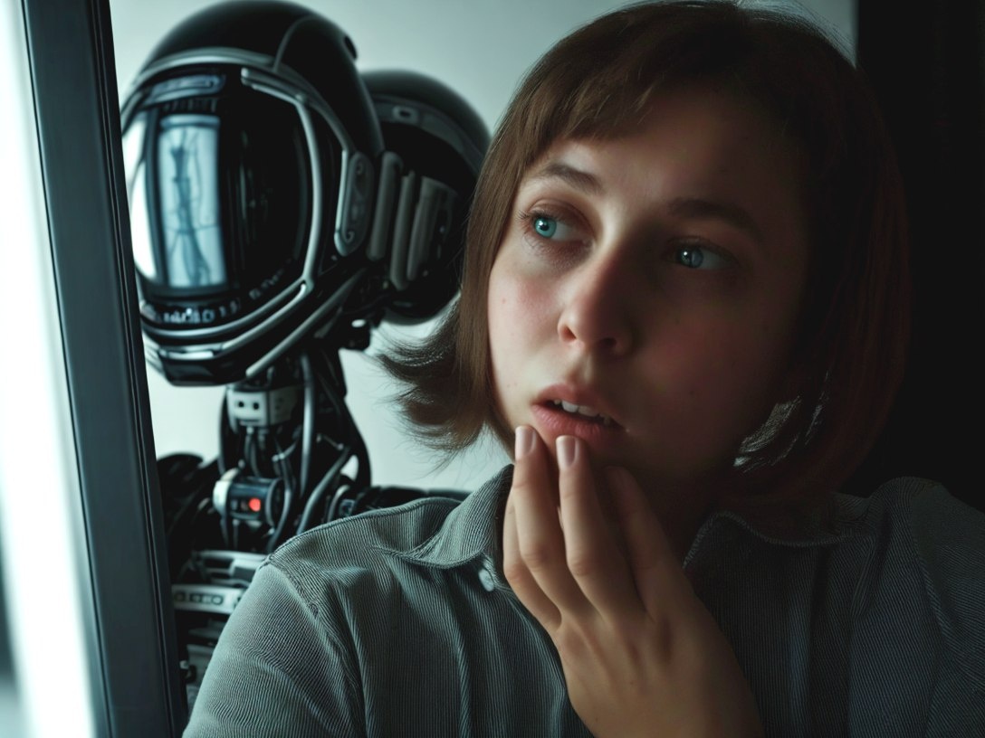 Евгения Саженцева, психолог, теолог (робот на фоне сгенерирован нейросетью)