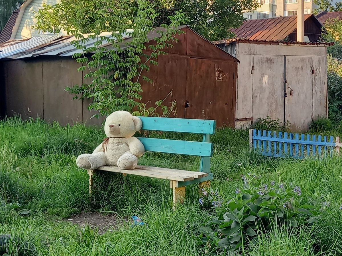 Одинокий плюшевый мишка на заброшенной детской площадке. Выглядит символично. Фото автора.