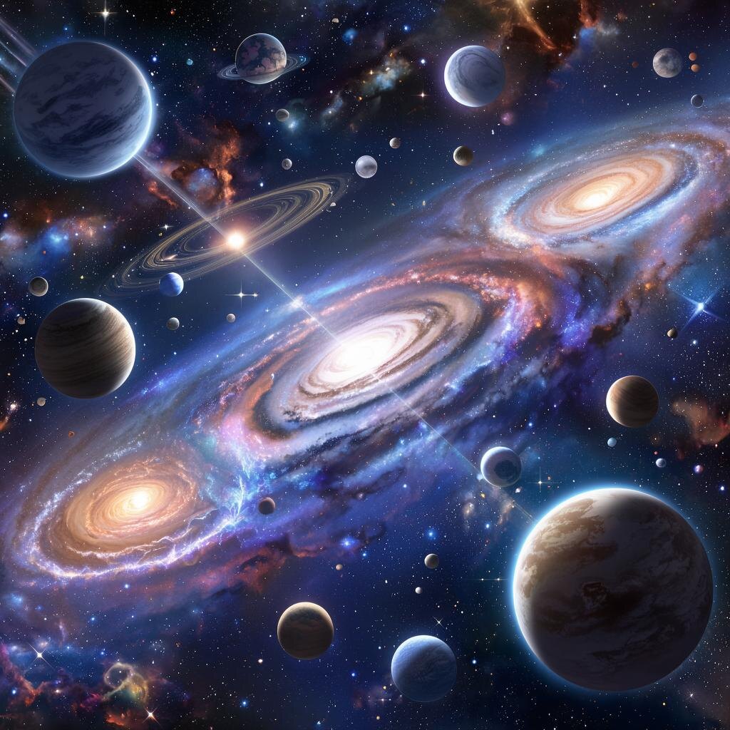 Планеты и галактики. Иллюстрация сгенерирована нейросетью