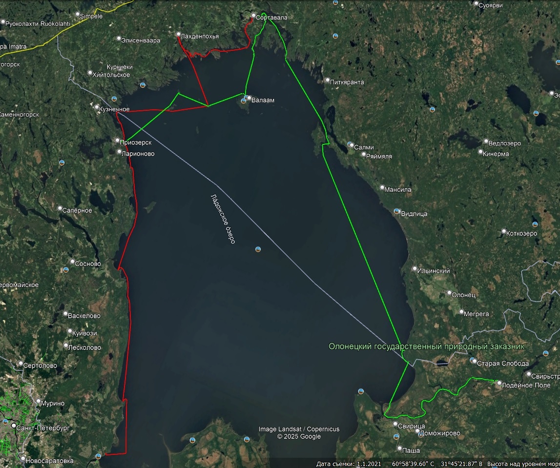 Красный - маршрут 2021 года, зелёный - маршрут 2025 года. Получилось как-то так.