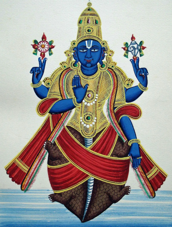 Вторая аватара Вишну - гигантская черепаха Курма, в которую он воплотился и принял на себя тяжесть горы Мандары в тот момент, когда она стала тонуть. Тем самым, он помог завершить процесс пахтанья. (нейросеть)