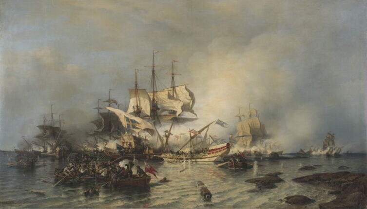     Алексей Петрович Боголюбов, «Гренгамское морское сражение 27 июля 1720 года», 1866 г., общественное достояние