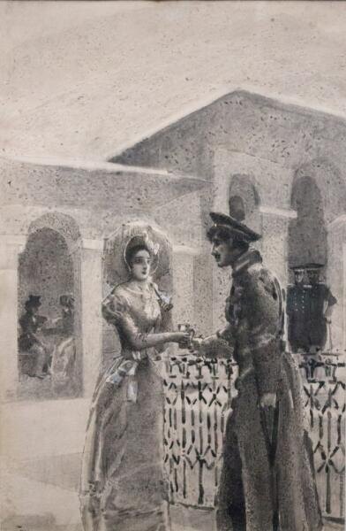    Иллюстрация к роману Лермонтова «Герой нашего времени» Михаил Врубель «Княжна Мэри и Грушницкий», 1891 г., общественное достояние