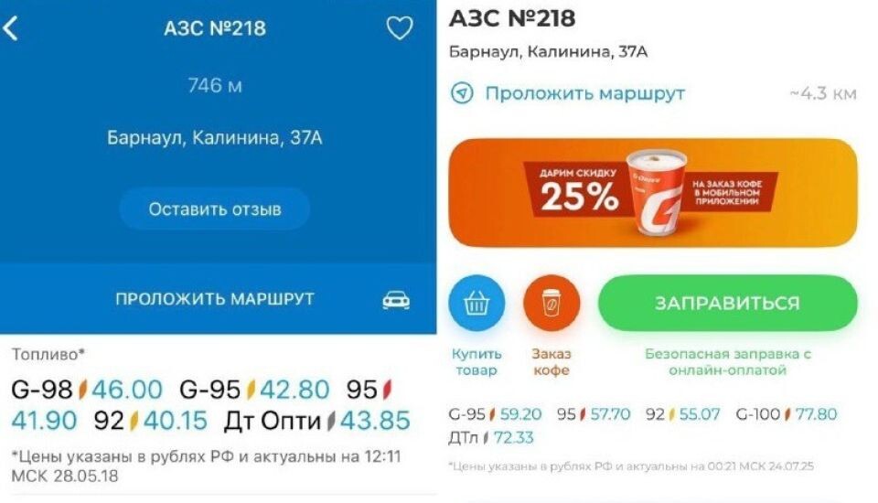    Цены на бензин разных марок в Барнауле в 2018 и 2025 годах. Источник: "Барнаул 22"
