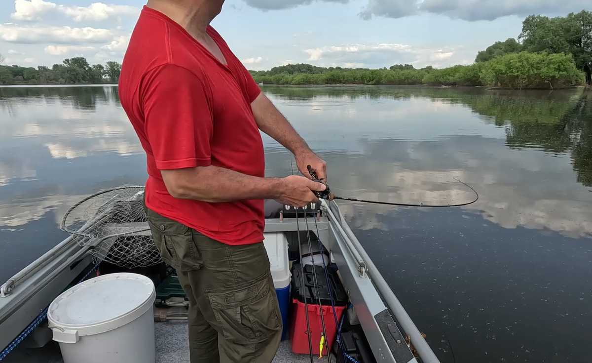 Ловлю щуку на воблер. Бейткастинговая снасть. На фото: Вываживание щуки после поклёвки.