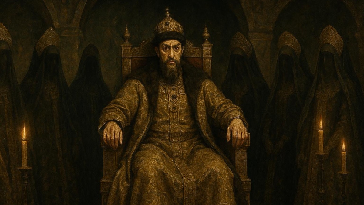 В иллюстративных целях. Иван Грозный на троне. Нарисовано нейросетью в стиле картины, нарисованной маслом.