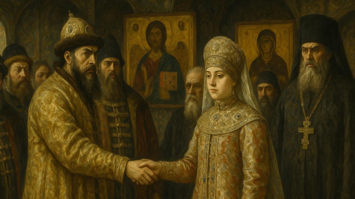 В иллюстративных целях. Сватовство и брак по расчету при Иване Грозном. Нарисовано нейросетью в стиле картины, нарисованной маслом.