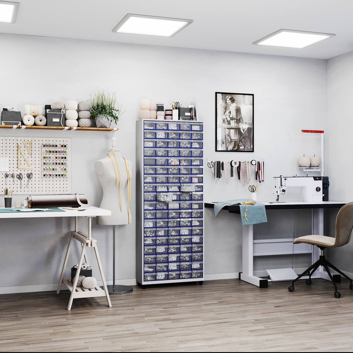 высокий (1820 мм) шкаф с 90 выдвижными ящиками, которые удобно использовать для хранения мелких деталей, инструментов, ТМЦ, фурнитуры, комплектующих