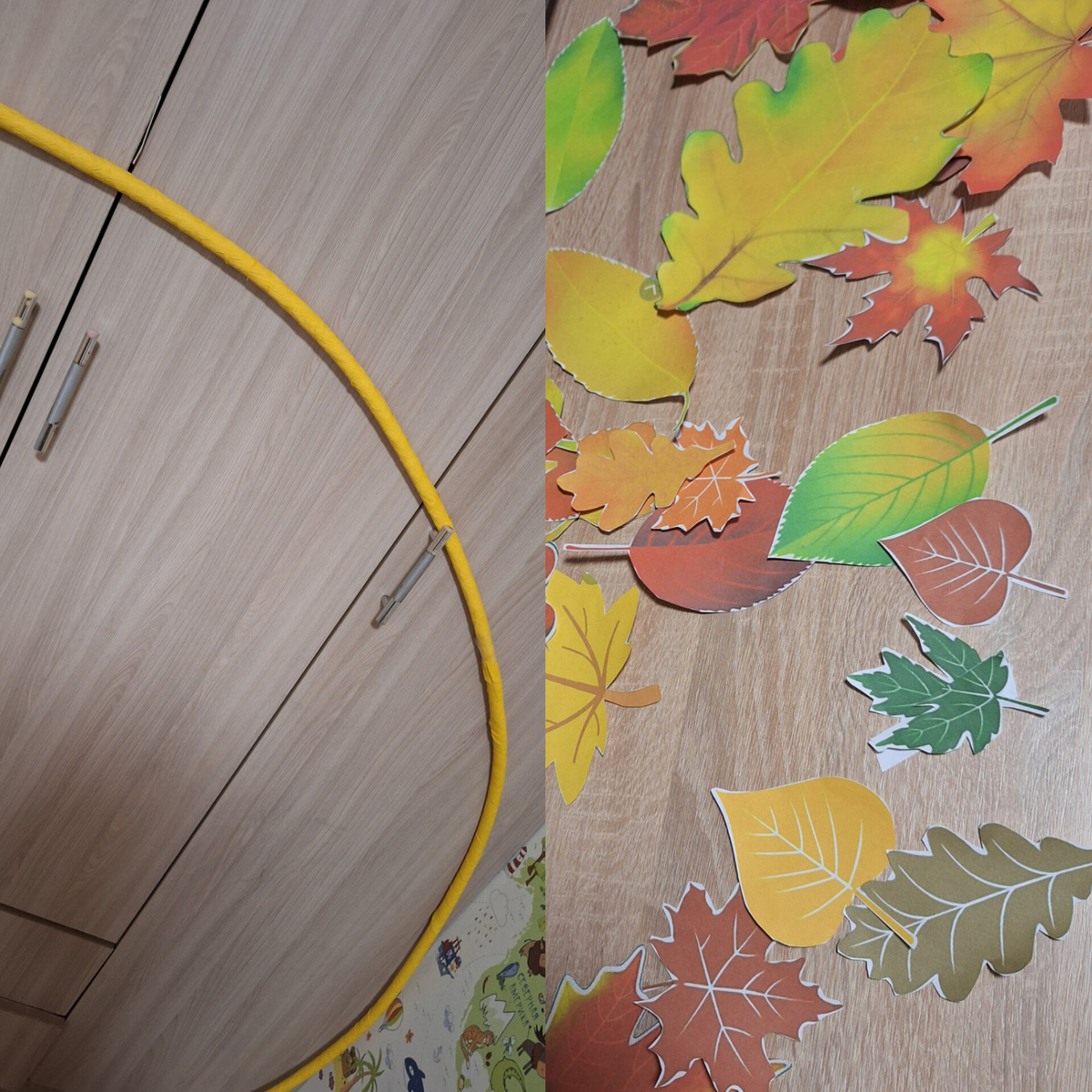 Обмотала бумагой арку, вырезала распечатанные листики.