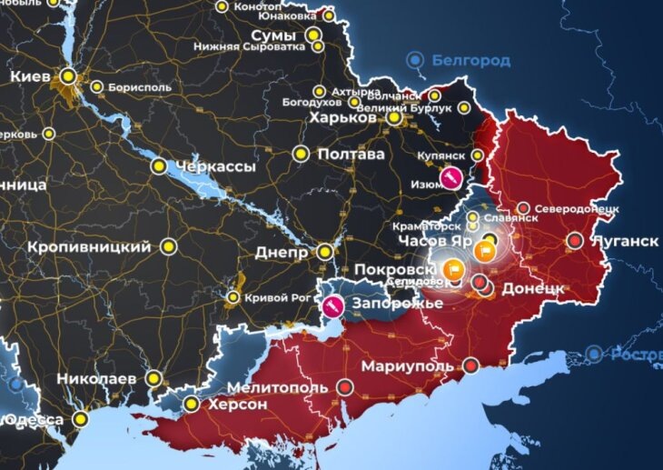     Карта линия боевого соприкосновения в ходе спецоперации. Источник: opermap.mash.ru.