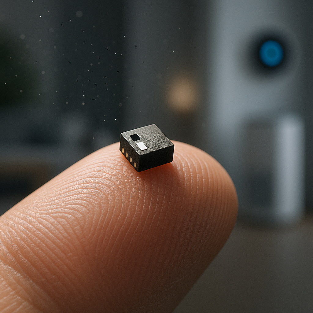 Макросъёмка: крошечный датчик качества воздуха лежит на кончике пальца, вокруг видны парящие частицы пыли, а в размытом фоне угадываются умный термостат и очиститель воздуха в современной гостиной.