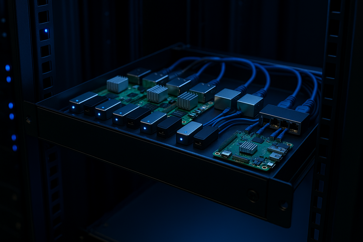 Снимок 1U‑сервера на базе пяти Raspberry Pi в стойке ЦОД: компактный кластер с SSD‑накопителями и мини‑свитчем, аккуратно уложенные кабели и холодная синяя подсветка подчёркивают энергоэффективность и минимализм решения.