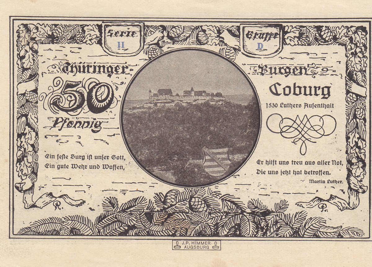Нотгельд Калы с изображением замка Кобург и словами Лютера.
