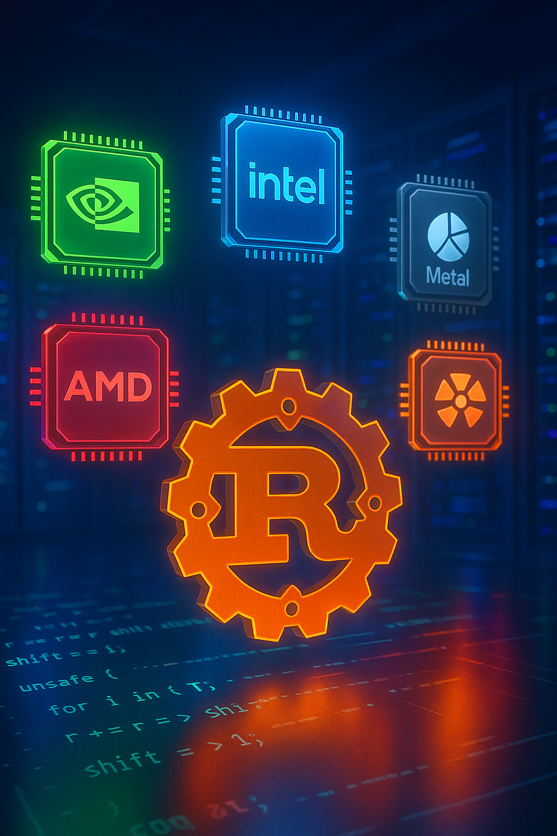 Светящийся логотип Rust в серверной окружён парящими голографическими «чипами» разных GPU‑платформ — символ преодолённого разрыва между экосистемами и появления универсального кода для любых видеокарт.
