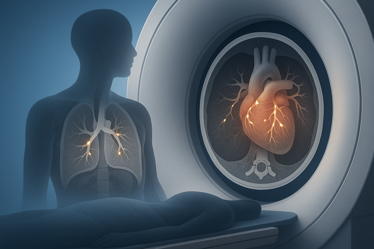 Иллюстрация КТ‑сканирования: в разрезе грудной клетки отображены сердце и коронарные артерии, а яркие жёлто‑белые «огоньки» кальция на стенках сосудов подчёркивают скрытую угрозу атеросклероза, пока пациент проходит быстрый недорогой тест в томографе.