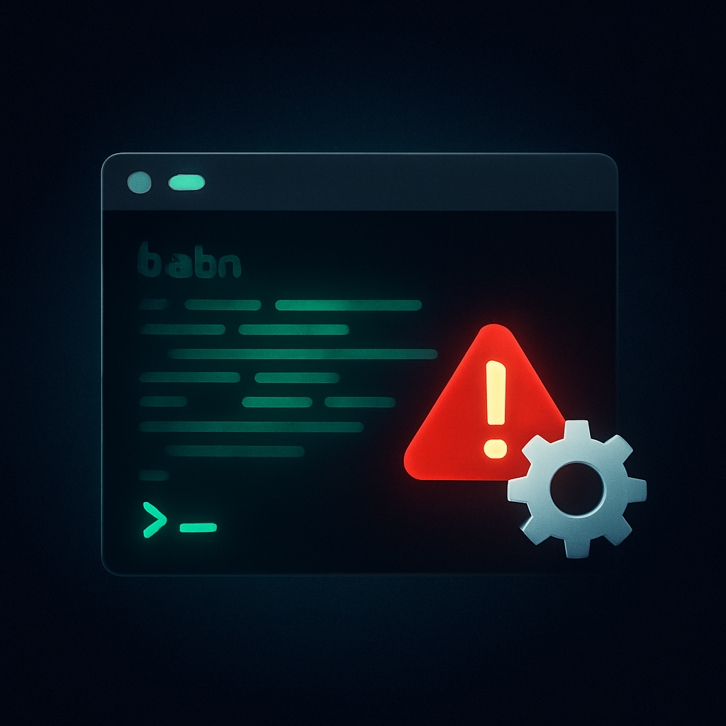 Тёмное терминальное окно Bash с неоново‑зелёными строками кода и вспыхнувшим красным символом ошибки, дополненное шестерёнкой, символизирует автоматическое завершение скрипта по set ‑e и наглядное уведомление о сбое.