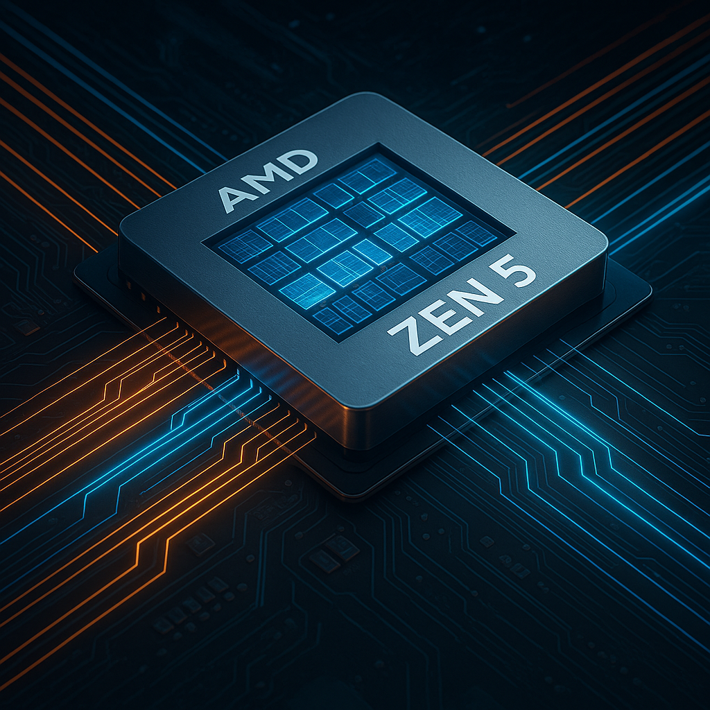 Сверкающий чип AMD Zen 5 на тёмной плате, по которому расходятся неоновые «шины» данных: визуальный акцент на удвоенной пропускной способности инструкций и мощных векторных блоках новой архитектуры.