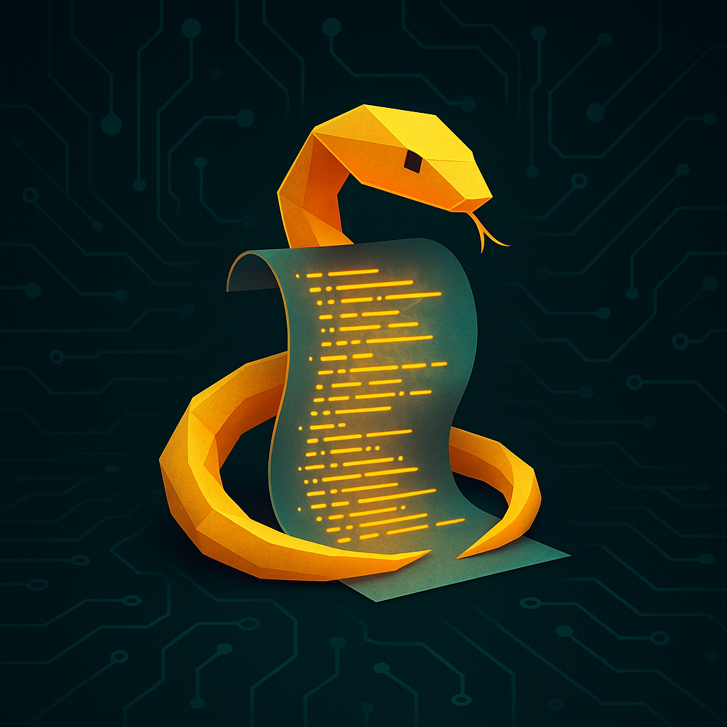 Оригами‑змейка из «питона» обвивает свиток с мерцающими строками кода — визуальная метафора tinyio: крошечный, но ловкий цикл событий в 200 строк.