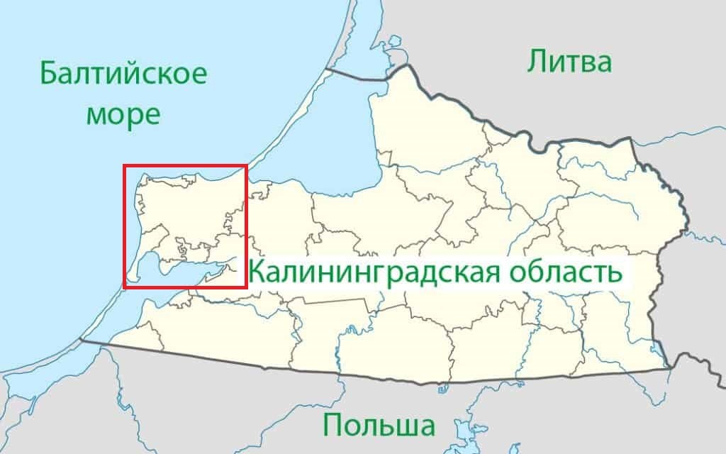 Калиниградский полуостров (выделено красным) и Калининградская область
