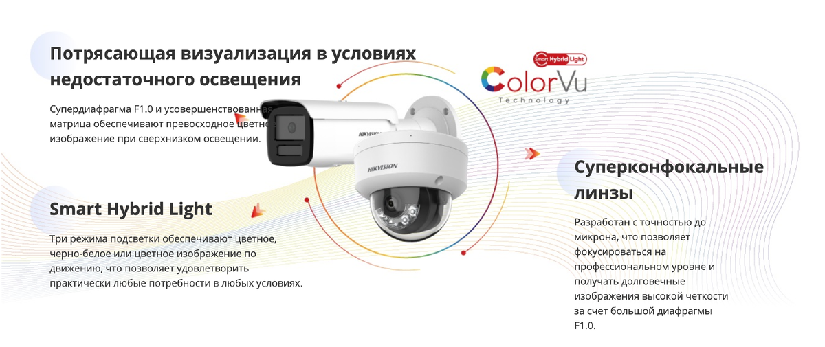 Hikvision доработала технологию ColorVu, объединив ее с передовыми технологиями, такими как Panoramic, Varifocal, 4K, AI и так далее, чтобы удовлетворить широкий спектр потребностей и сценариев безопасности в условиях низкой освещенности.