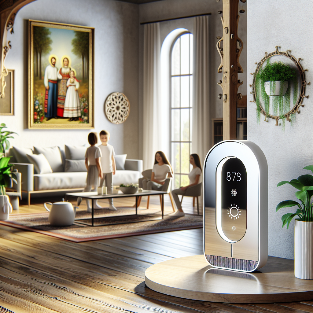 Стильная светлая гостиная с современным интерьером, компактный прибор DYPEMOP работает в центре комнаты, на фоне современная мебель и зелёные растения,