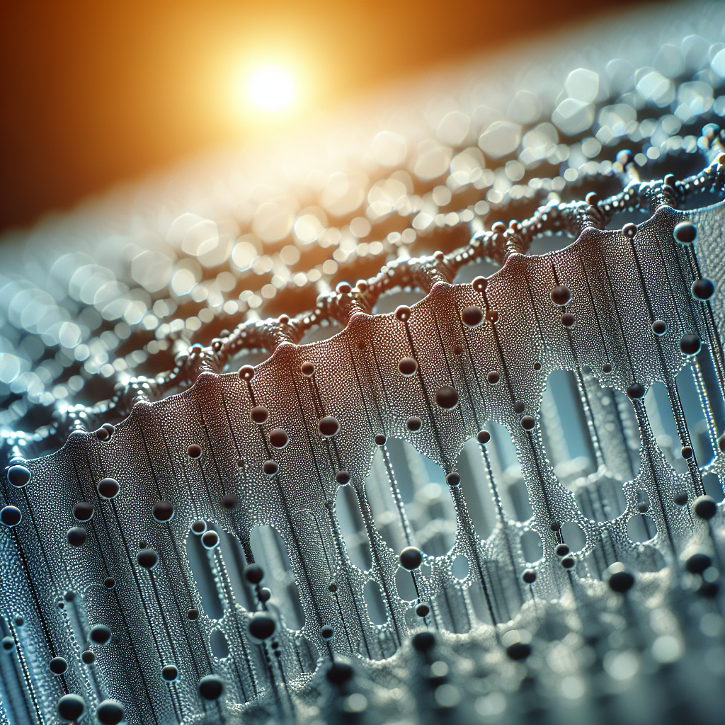 Макроизображение поверхности пористого стекла с микропорами разного размера, естественное освещение с эффектом сияния, подчеркивающим технологический и чистый характер, детали структуры стекла в высоком разрешении