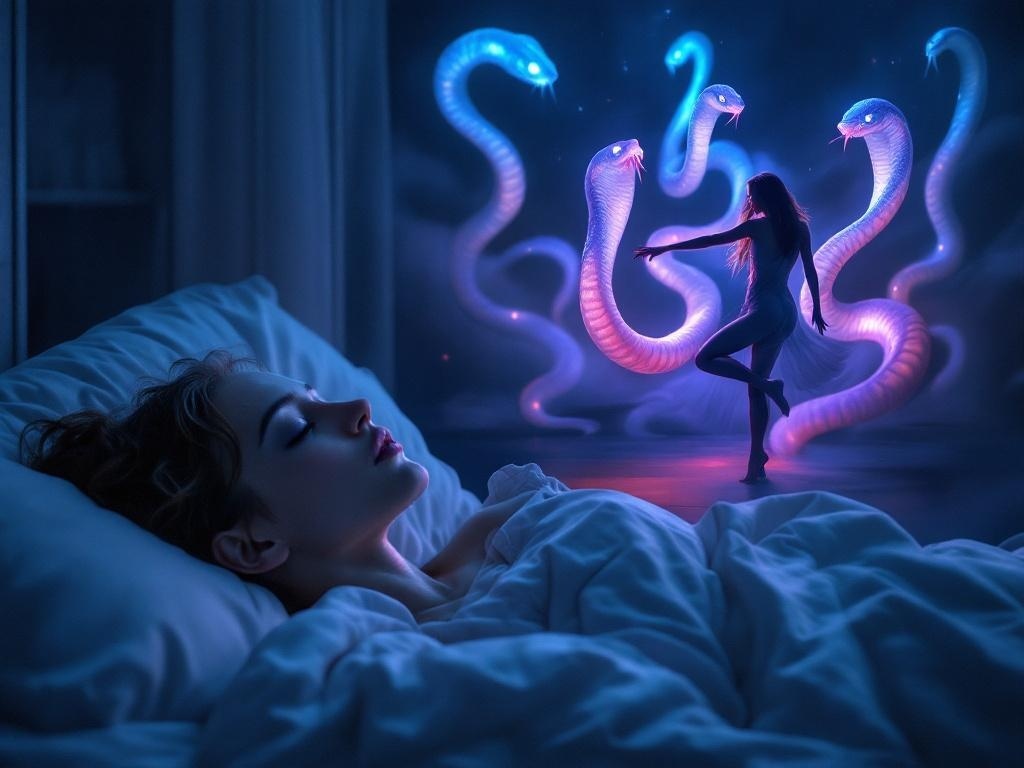    К чему такое снится: На картине изобразил бы темное помещение, в котором танцует женщина, окруженная наполовину невидимыми змеями с глазами. Одна змея кусает её за руку, а другая выгляды