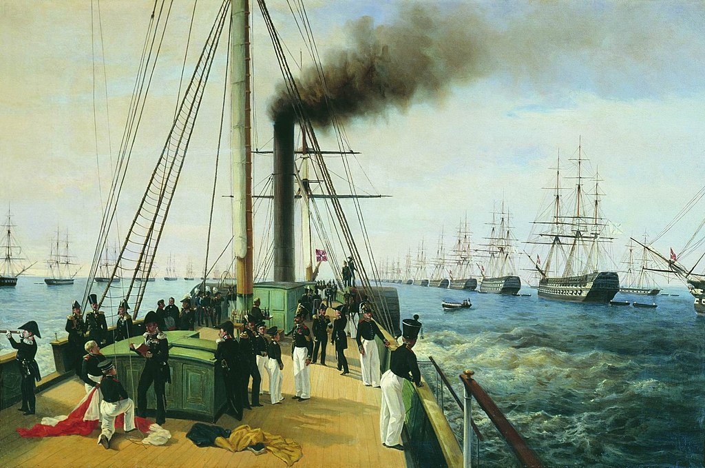Алексей Боголюбов. Смотр Балтийского флота императором Николаем I в 1848 году.