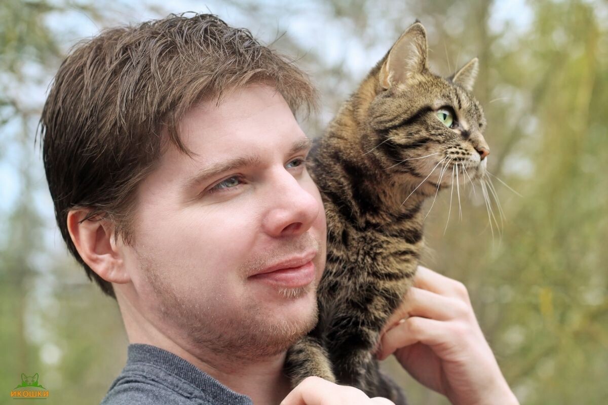 Кот сидит на плече у хозяина 