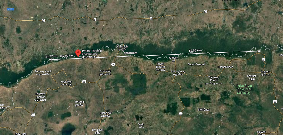 Справа храм Преа Вихеа, слева храм Та Моан, их разделяют 168 км