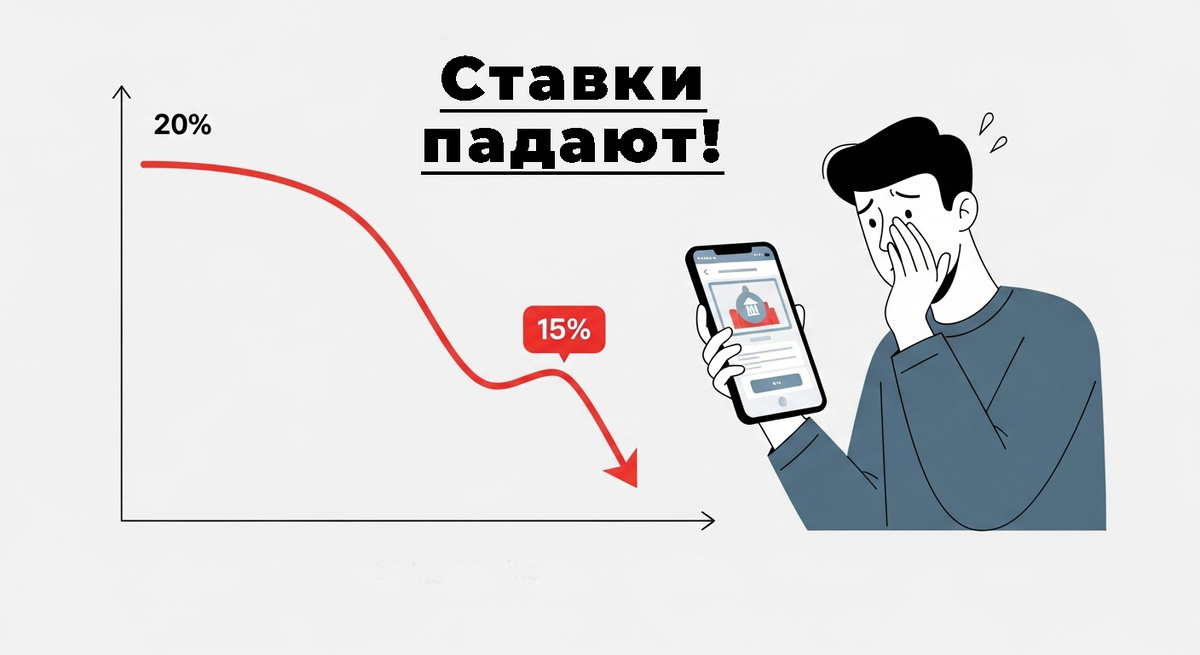 Падающий график ставок по вкладам в 2025 году, человек с телефоном на фоне. Снижение ключевой ставки ЦБ до 18%