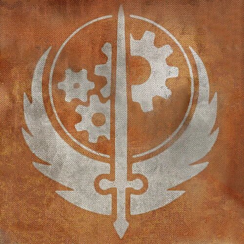 Логотип Братства Стали. Меч на фоне шестерёнок — сила и прогресс, крылья символизируют надежду.