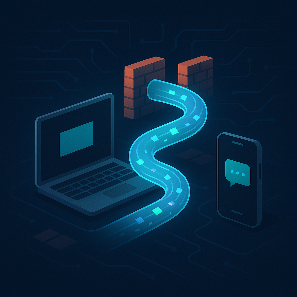 Минималистичная иллюстрация показывает ноут‑бук и смартфон, соединённые сияющей «трубой» данных, которая прорывается сквозь кирпичные NAT‑стены и символизирует прямое шифрованное соединение Dumb Pipe без лишних препятствий.