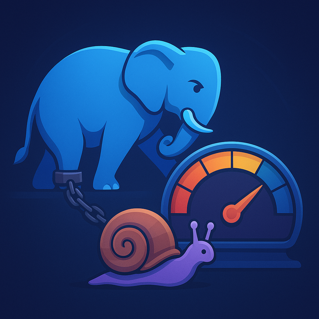 Стилизованный синий слон Postgres прикован цепью к улитке и медленно тянет индикатор‑спидометр, стрелка которого упирается в критически низкую зону — визуальная метафора эксперимента, замедлившего СУБД во множество раз.
