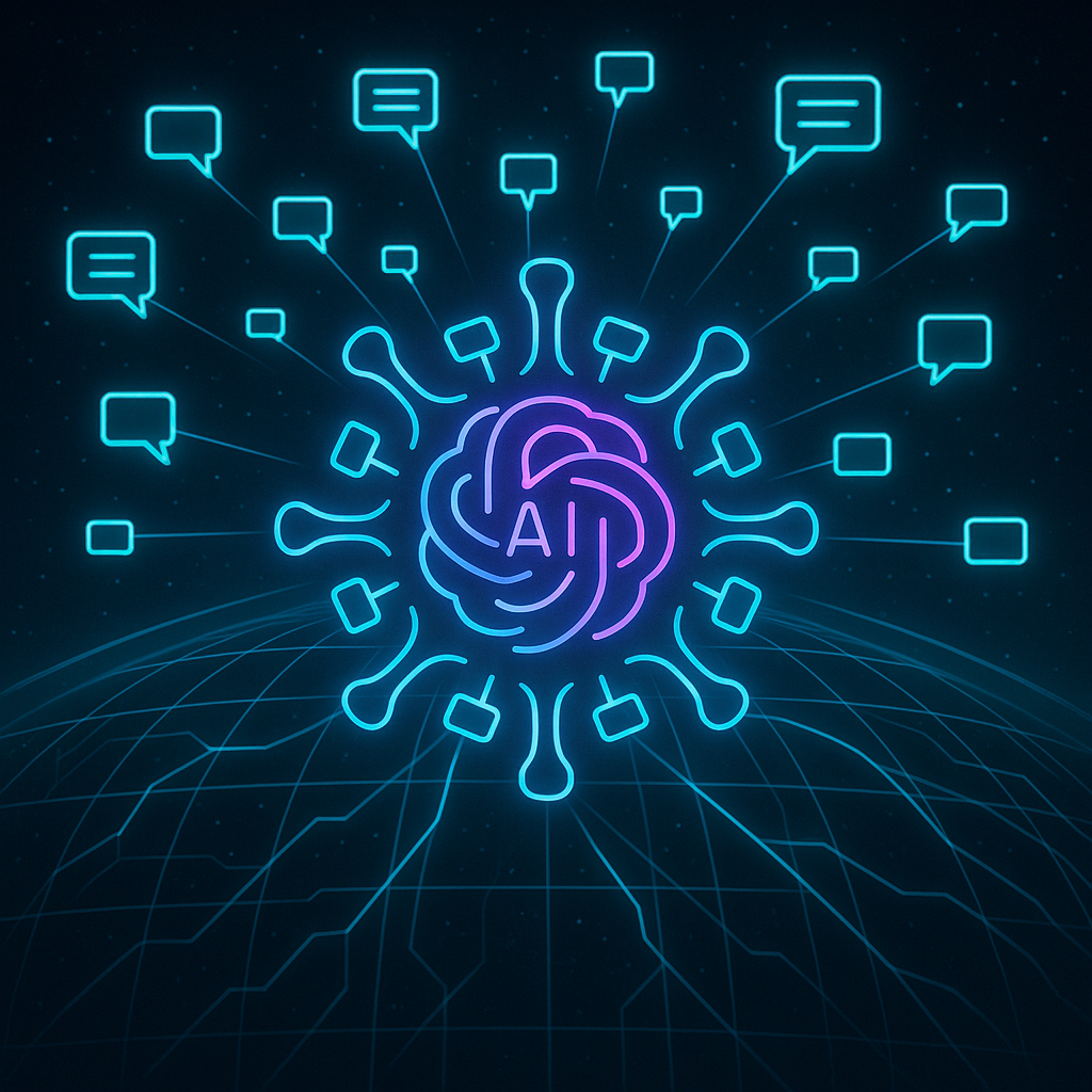Неоновый «вирус»‑символ ИИ распускает лучи‑щупальца по сетке глобуса, а вокруг вспыхивают пустые пузырьки сообщений — образ бесконечного потока машинного контента, заполняющего интернет.