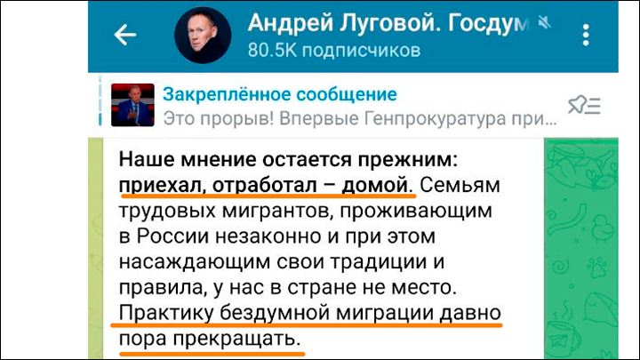    Надругательство над 4-летней девочкой спровоцировало новый виток общественной дискуссии о мигрантах в России. Скриншот поста из ТГ-канала Андрея Лугового