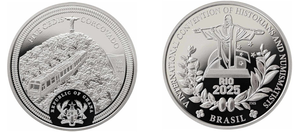    Серебряная монета с логотипом конвенции и видом на статую Христа