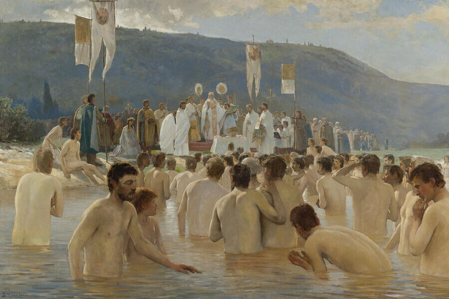 Heritage Images/Getty Images Крещение Руси. Художник Василий Навозов, 1887