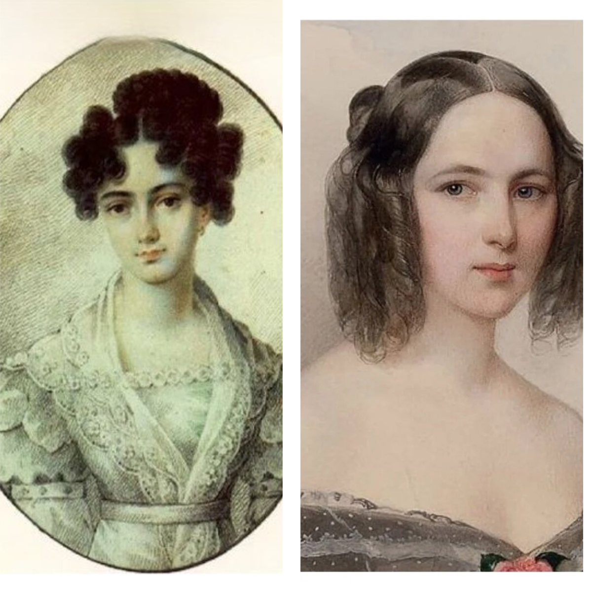Слева М.Н. Волконская (в девичестве Раневская), справа портрет юной Н.Н. Гончаровой