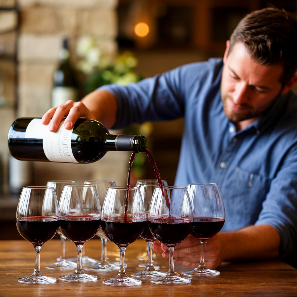 Разливает вино.