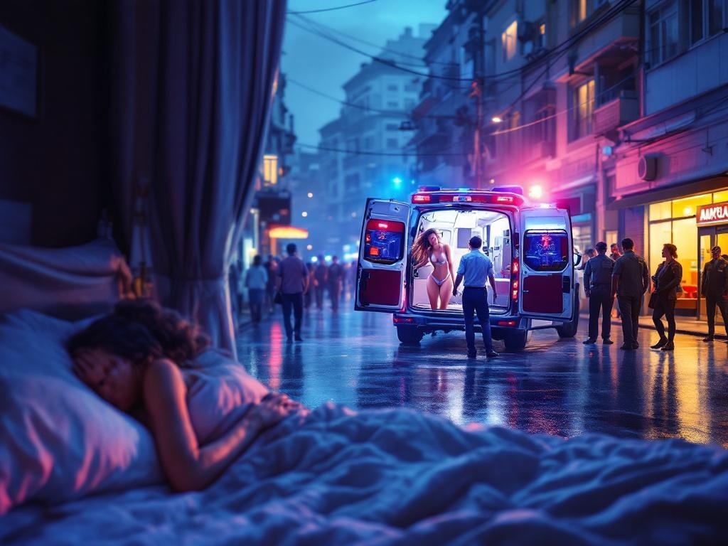    К чему такое снится: Художник изобразил женщину в нижнем белье на улице, пытающуюся закрыть багажник скорой помощи. Вокруг него видны открытые боковые двери и спецодежда стоящих рядом лю