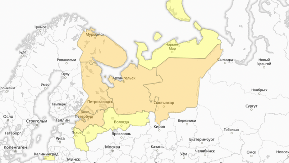    Прогностическая карта предупреждений для СЗФО Автор фото: meteoinfo.ru