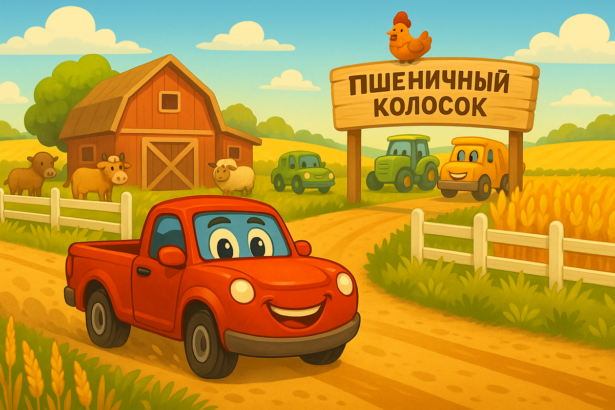 Красный Пикап на ферме 