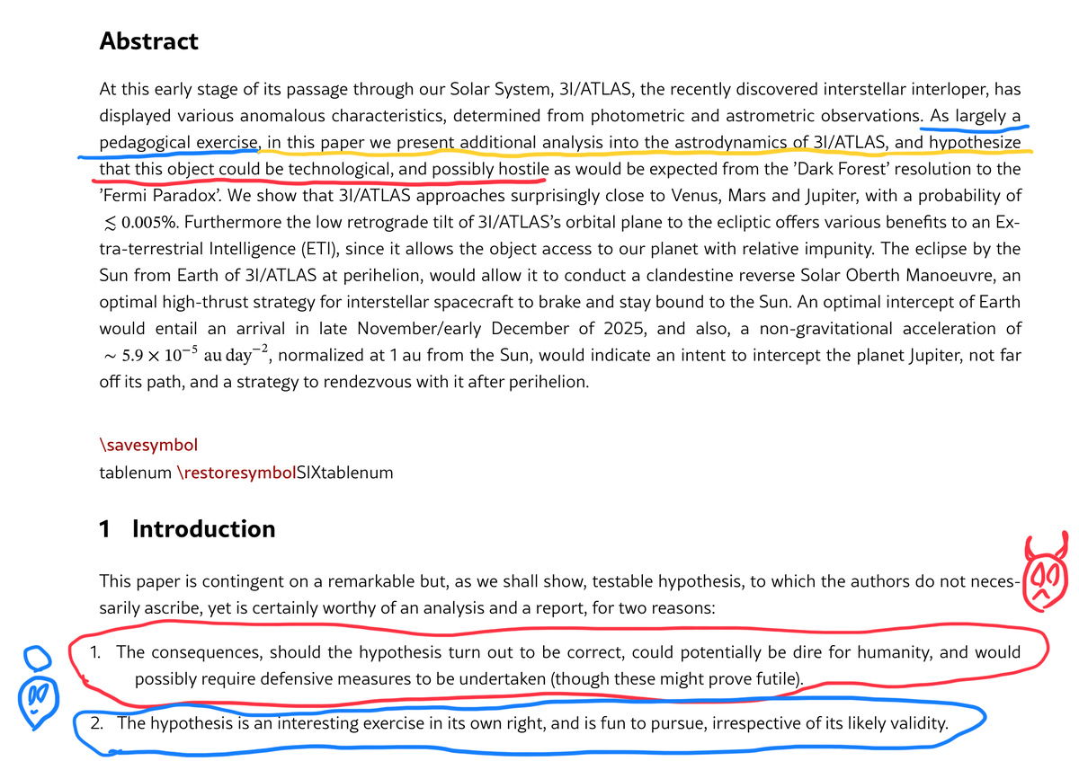 Скриншот оригинальной статьи Ави Леба. Красным цветом отмечены громкие заявления, а синим "не судите строго"