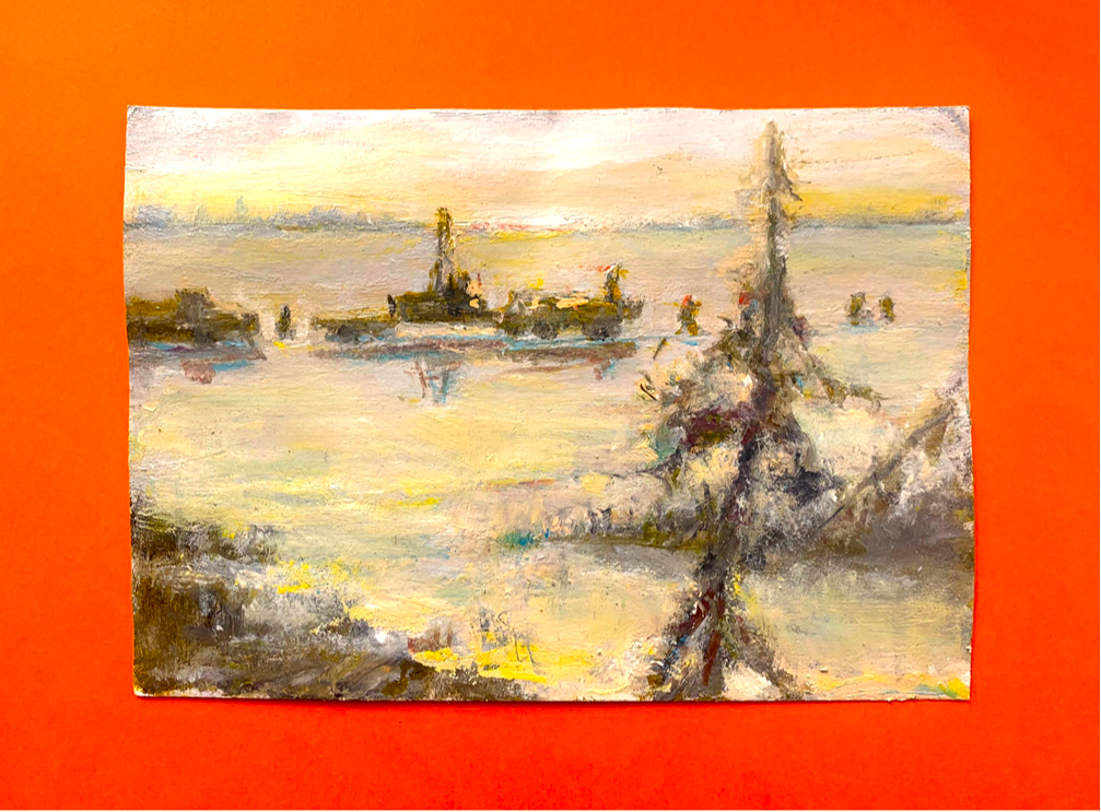 Василий Луковенко. "Ну вот, и приплыли…". Бумага, масло, 15*21. 2025, июль.