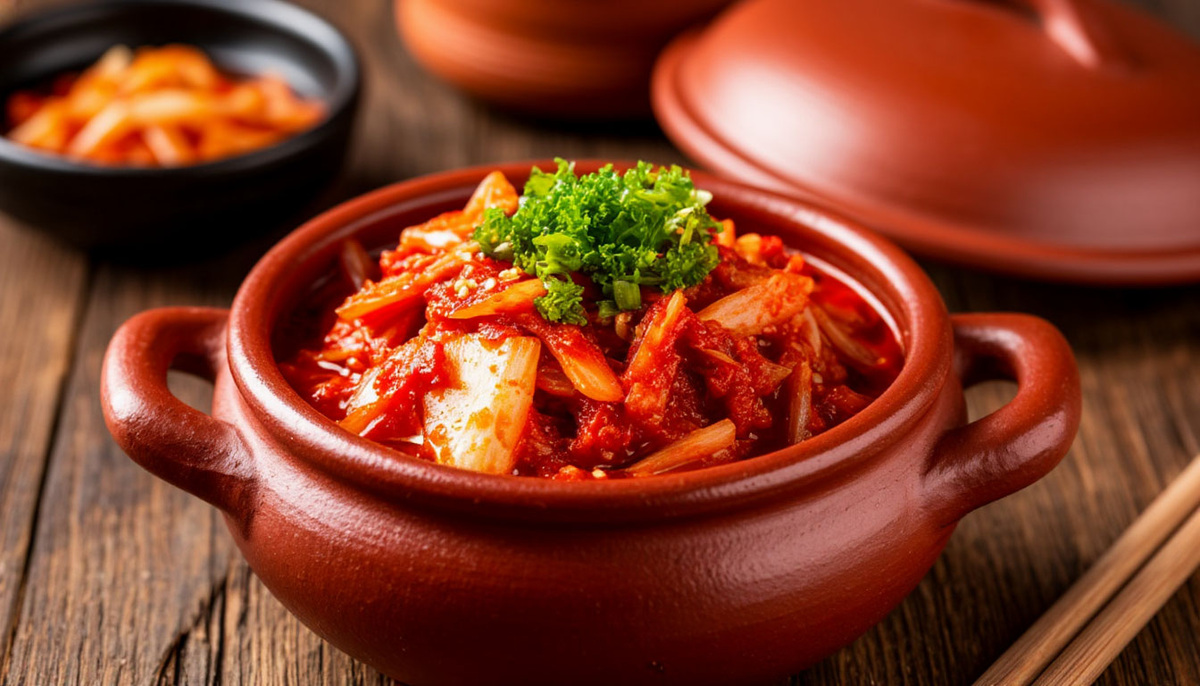 Ароматное традиционное корейское кимчи в глиняном горшочке онгги