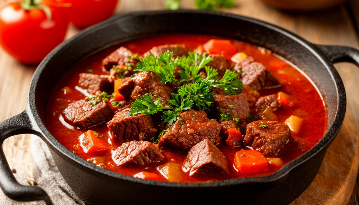 Ароматный венгерский гуляш с говядиной в чугунном котле